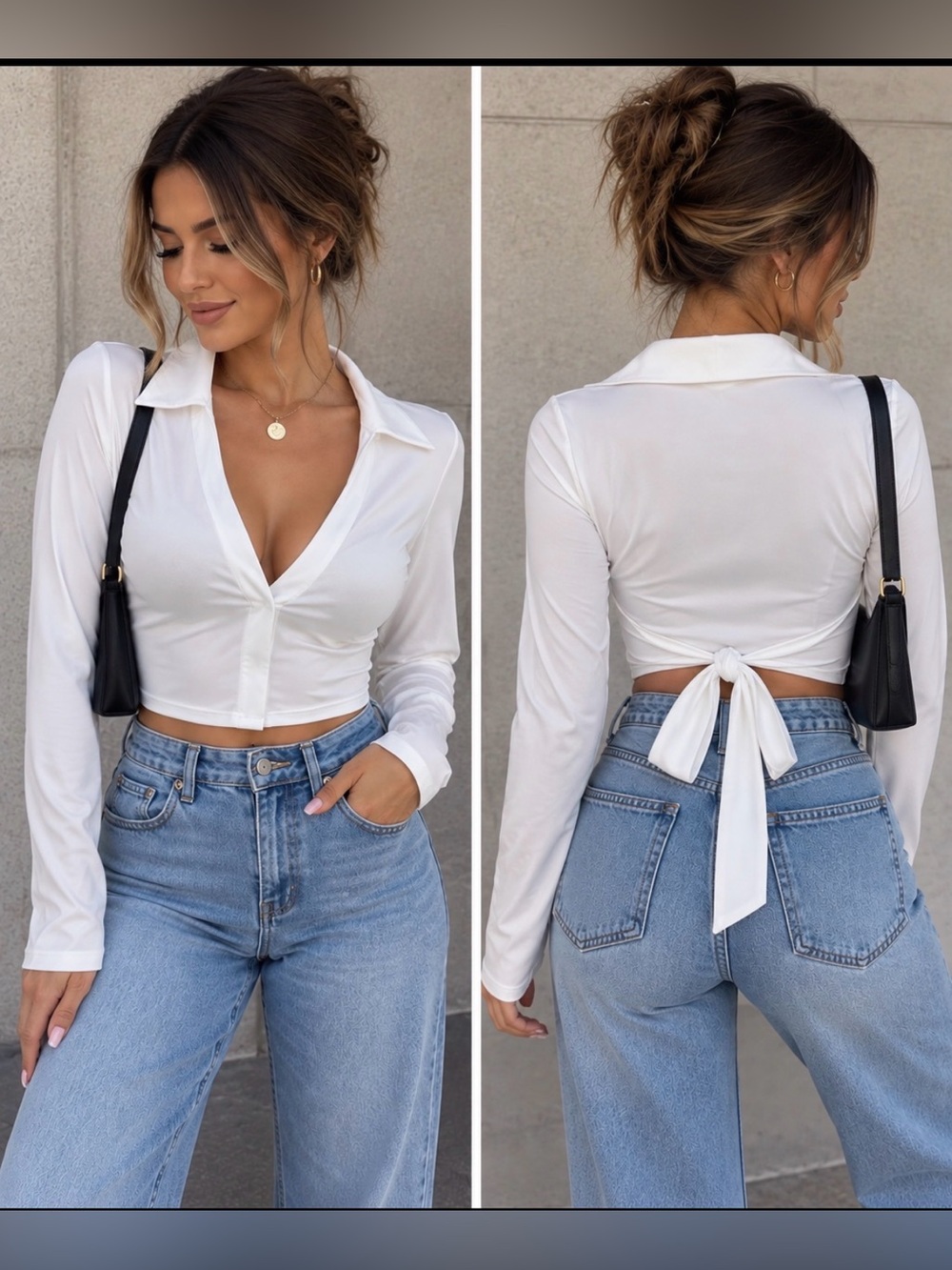 Windsor White Collared Tie Back Crop Top Size